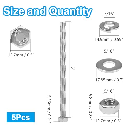 MroMax 5 Sets 5/16-18 x 5" Hex Head Screw Bolt, Nuts, Flat Washer & Spring Lock Washers Kits,Fully Threaded, Stainless Steel 18-8（304）, Bright Finish - size: 5/16-18 x 5" (5 Sets)