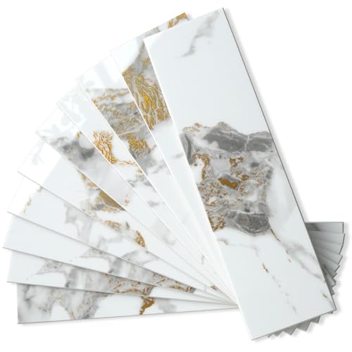 AULIGET 40-Piece Polished White Marble with Gold Peel and Stick Backsplash Wall Tiles, 3" x 12" PVC Faux Stone Stick on Tiles for Backsplash Kitchen, Bathroom, Laundry Room, Camper, Fireplace - color: Polished White Marble & Gold, size: 40 Pieces, 3"x12"x