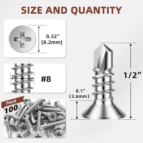Mellewell #8 x 1/2" Flat Head Sheet Metal Screws, 100 PCS - color: Silver, size: #8 x 1/2"