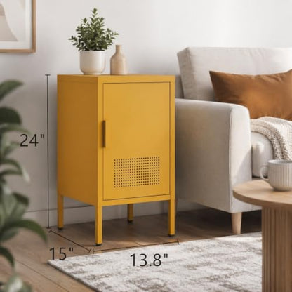Single Door Metal Coffee Table Adjustable Easy to Assemble Living Room 2-Tier Side Table for Storing Mobile Phones and Books Children's Bedside Table Yellow 24" H X 13.8" W X 15" D - color: Mustard, style: End Table-24"H-BG