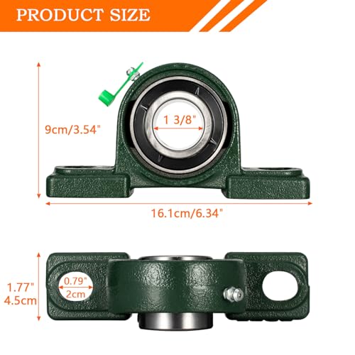 Pillow Block Bearing 1 3/8 inch Shaft Bore, Solid Cast Iron Base, Self-Aligning, UCP207-22, Pack of 2 - size: UCP-1 3/8 inch bore