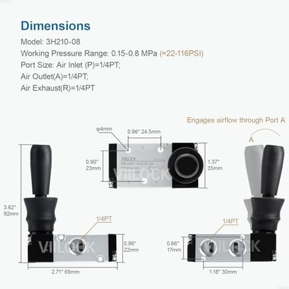 3H210-08 Hand Lever Valve 3 Way 2 Position 1/4"NPT for Air Cylinder - size: 1/4"NPT, style: 3 Way 2 Position