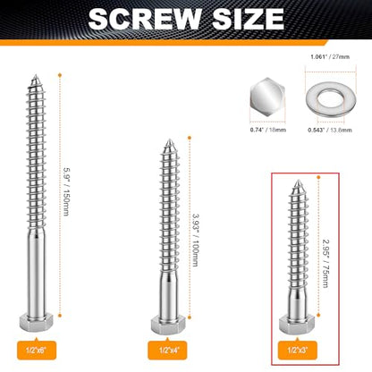 Hex Head Lag Bolts for Wood, Lag Screws 1/2" x 3",24 PCS - size: 1/2" x 3"
