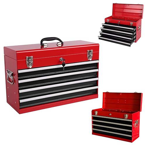 21-inch Portable Metal Tool Box with 4 Drawers, Steel Toolbox with Locking Lid, EVA-Lined Ball-Bearing Slides & Powder-Coated Finish, Top Tool Chest for Mechanic & Craftsman Use, Red + Black - color: Red + Black