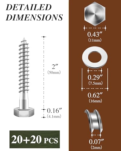 (2Box) 1/4" x 2" Hex Head Lag Screws Bolts with Flat Washers, 40Sets 304 Stainless Steel 18-8 Heavy Duty 1/4 Lag Bolts for Wood with Hex Socket - size: 1/4" x 2", style: 2-Box