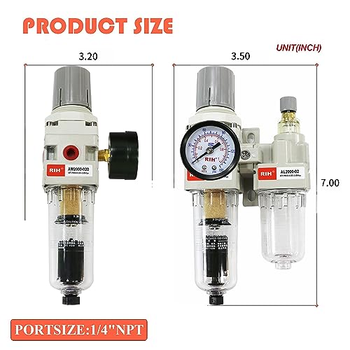 RIH Pneumatics Compressed Air Filter Regulator Lubricator Combo Water/Oil Trap Separator - Gauge(0-150 psi), Semi-Auto Drain, Poly Bowl,Bracket - 3 in 1 Two Unit (1/4“ NPT Auto Drain) - size: 1/4“ NPT Auto Drain