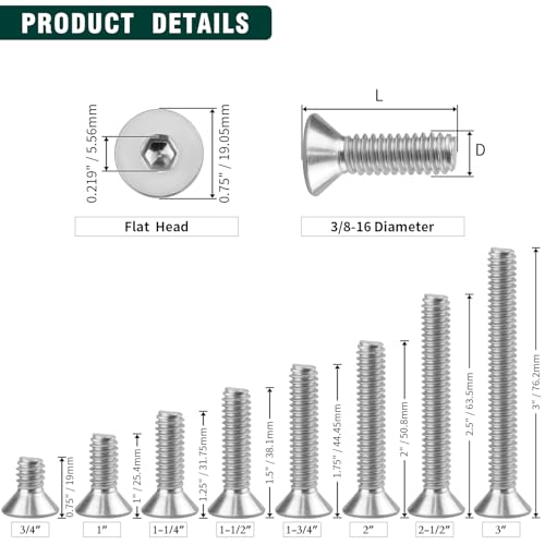3/8-16 x 3/4" Flat Socket Head Cap Screws, 304 Stainless Steel 18-8, Full Thread, Countersunk Hex Drive Machine Screws, 10-Pack - size: 3/8-16 x 3/4"