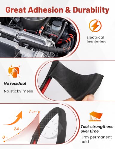 RED WOLF Noise Damping PET Electrical Wire Tape 3/4 Inch x 50 Feet, 10-Roll High Heat Abrasion Resistance Self-Adhesive Felt Cloth Tape Wrap Wiring Loom for Automotive Engines Cable Protection - size: 3/4 inch - 50 Ft (10-Pack)