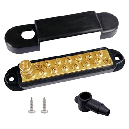 Ampper 1/4" Stud Brass Power Distribution Block BusBar 12 x #8 Screw, Black - color: Black, size: Brass