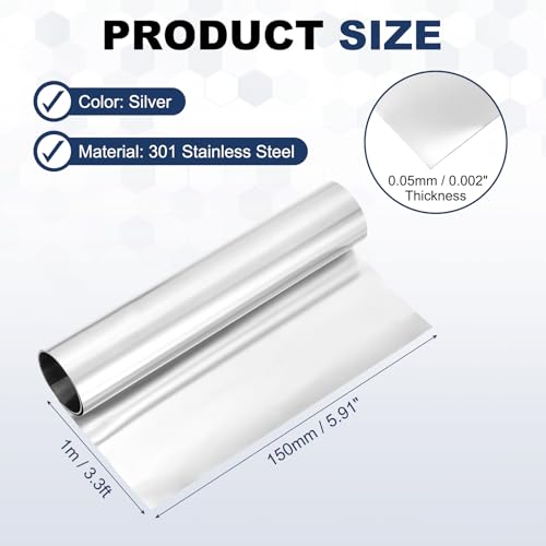 MECCANIXITY 301 Stainless Steel Foil Roll 0.05mmx150mmx1m Silver - size: 0.05mm x 150mm x 1m