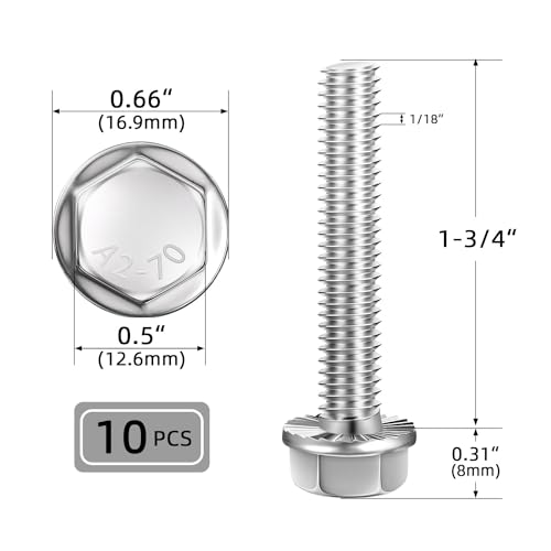 5/16-18 x 1-3/4" (10 PCS) Flanged Hex Head Bolts, Flange Washer Head Hex Screws Bolts, 18-8 Stainless Steel (304), Plain Finish, Full Thread - size: 5/16-18 x 1-3/4"