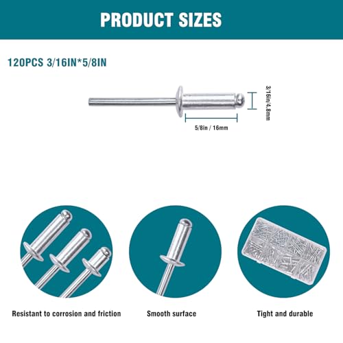 3/16"x5/8" Aluminum blind pro Rivets,120Pcs Aluminum Grip and Steel Mandrel (3/16"x5/8") - size: 3/16"x5/8"