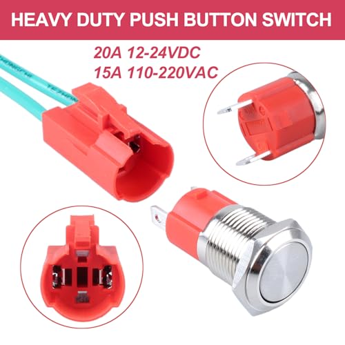 16mm Heavy Duty Momentary Metal Push Button Switch Waterproof Anti-Vandal Large Current 20Amp 12V 24V 110V (ON)-Off 1NO 2 Pins with Pre-Wired Socket for 5/8" Mounting Hole Without LED - color: Silver, size: 16mm Momentary