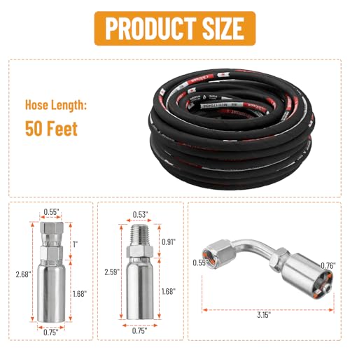 50FT 1/4" Hydraulic Hose with 16PCS Hydraulic Hose Fittings - size: 1/4" Hydraulic Hose - 50FT