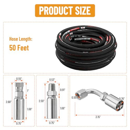 50FT 1/4" Hydraulic Hose with 16PCS Hydraulic Hose Fittings - size: 1/4" Hydraulic Hose - 50FT