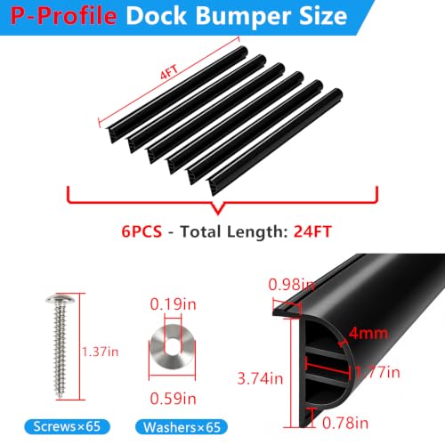 Dock Bumpers 4FT/12FT/16FT/24FT, Boat Dock Bumpers for Edging with Stainless Steel Screws and Washers, Dock Fenders Boat Dock Guards P-Profile Heavy Wall for Edge Protection 1/3/4/6 Pack Multi Color - color: Black, size: 24FT