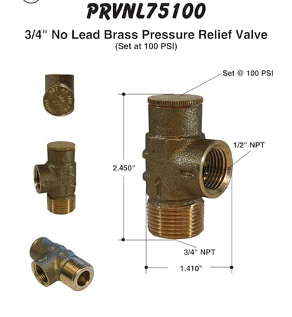 Merrill MFG PRVNL75100 3/4" Lead-Free Brass Pressure Relief Valve, 100 PSI Cold Water Safety Valve for Well Tank, Pump & Plumbing Systems, 3/4" NPT No-Lead Water System Protection Valve