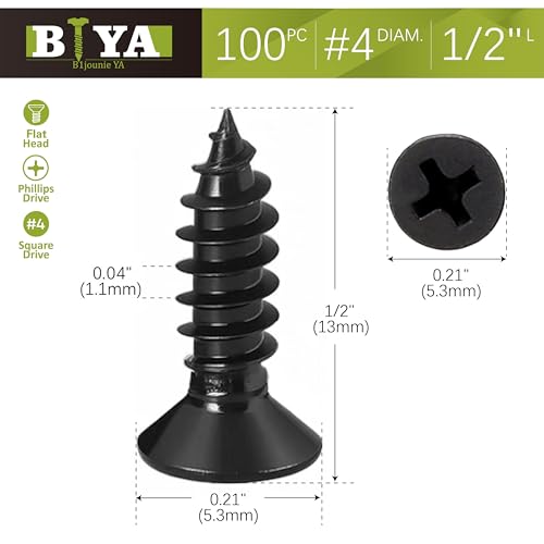 Black Screws,100 PCS #4X1/2 Stainless Steel Phillips Flat Head Screws - color: Black, size: #4x1/2"