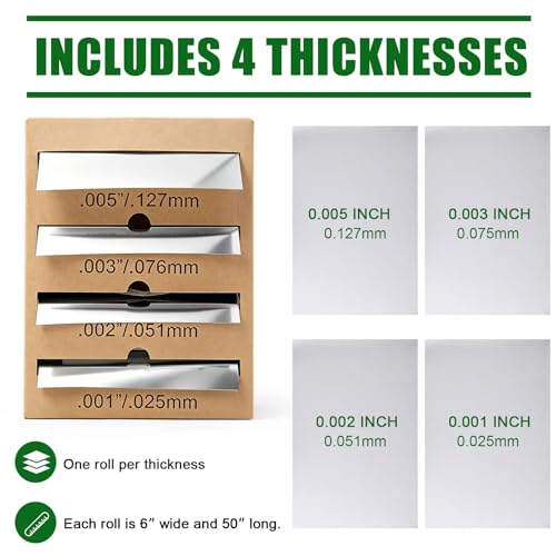 Frienda 4 Rolls 301H Stainless Steel Shim Stock Assortment, Full Hard Temper 0.001" 0.002" 0.003" 0.005" Thick, 6" x 50" Metal Shim Roll Set for Machine Shop, Milling, Lathe, Spacing and Alignment