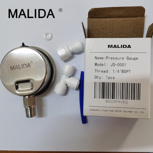Malida Stainless Water Pressure Test Gauge, Water Pressure Detector for Aquarium Meter 0-1.6MPa 0-220psi Reverse Osmosis System Pump with 1/4. - size: 1 Pack