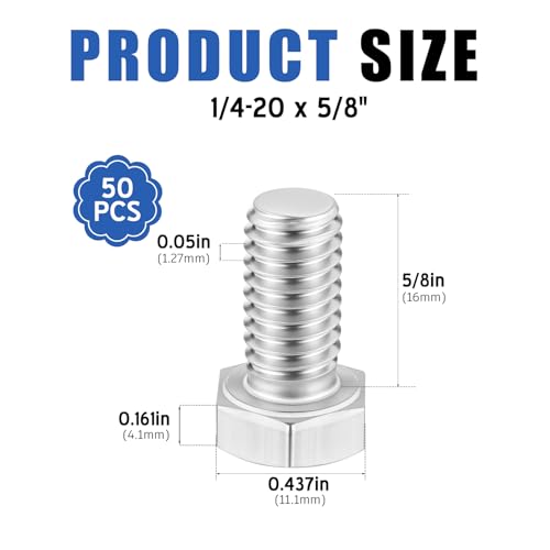 Zonon 50 Pcs 1/4-20 x 5/8" Hex Head Screw Bolt, Silver - color: Silver, size: 1/4-20 X 5/8"