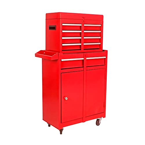 Red 5-Drawer Tool Chest w/Lockable Wheels & Ball Bearings - 100KG Heavy Duty Garage Cabinet, Detachable Top & Adjustable Shelf - Workshop Storage - color: Red, size: 22.95 x 11 x 37.2