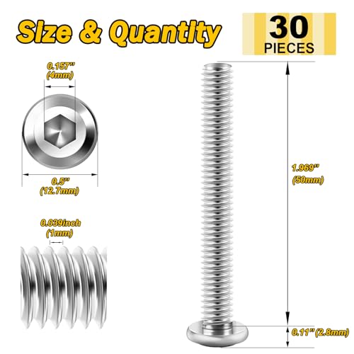 30Pcs M6 x 50mm M6 Screws, Flat Head M6x1.0 Bolt Hex Socket Cap Screws Bolts, M6 Bolts 304 Stainless Steel Furniture Screws Full Thread, Bright Finish & Hex Spanner By Mywish - color: Silver-M6, size: 50mm