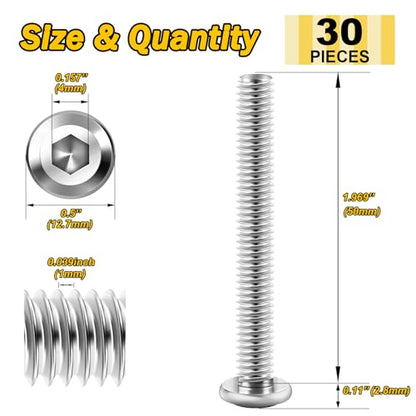 30Pcs M6 x 50mm M6 Screws, Flat Head M6x1.0 Bolt Hex Socket Cap Screws Bolts, M6 Bolts 304 Stainless Steel Furniture Screws Full Thread, Bright Finish & Hex Spanner By Mywish - color: Silver-M6, size: 50mm