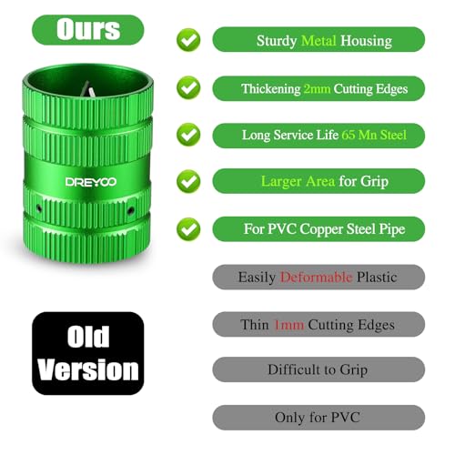 Dreyoo Deburring Cutters, Copper PVC Tube Reamer Tool Plumbing Tools 1/4'' to 1-5/8'' Inner Outer Reamer Pipe Tubing Chamfer for Metal PVC PPR Copper Brass Aluminum(Green)