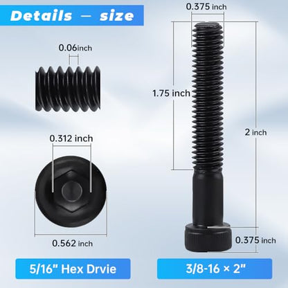 Glvaner 3/8"-16 x 2 (10 pcs) Socket Head Cap Screws, 12.9 Grade Alloy Steel, Black Oxide Finish, Partial Thread UNC, Allen Hex Drive - size: 3/8-16 x 2"