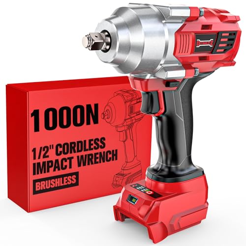DIYtoolifz Cordless Impact Wrench 1/2 inch Compatible with Milwaukee 18v Battery, 750FT-LBS(1000N.m) Brushless Impact Driver, Electric Impact Gun with LED Work Light, Variable Speeds, 4-Speed Control. - color: Silver & Red