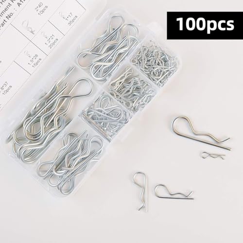 100 Pcs Cotter Pin R Pins Carbon Steel R Clips Zinc Plated Hitch Pins Spring Fastener Assortment Kit Retaining Pin Hair Pin Hairpin Clip 6 Size Heavy Duty R Pin Used for Hitch Pin Lock System (Silver)