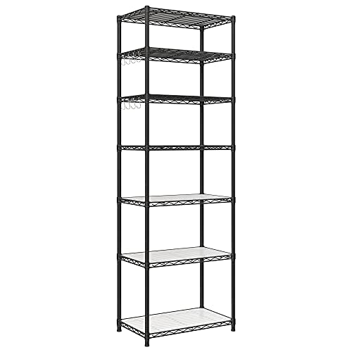SONGMICS 7-Tier Storage Shelves, Adjustable Wire Shelving Unit, 8 Hooks - color: Ink Black, size: 7 Tiers (13.4"D x 23.2"W)