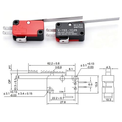 Twidec/6Pcs Micro Limit Switch Long Straight Hinge Lever Arm SPDT Snap Action Switch for Arduino V-153-1C25 - style: V-153-1C25