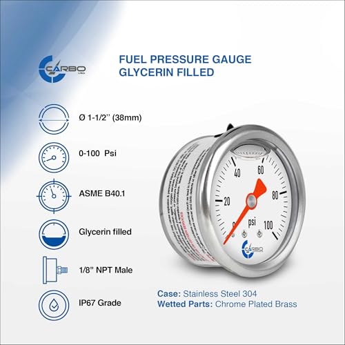 1-1/2" Fuel Pressure Gauge, Stainless Steel Case 304, Chrome Plated Brass Connection, Glycerin Filled, 0-100 Psi, Accuracy 3-2-3%, Back Mount 1/8" NPT - size: 100 PSI, style: Back Mount