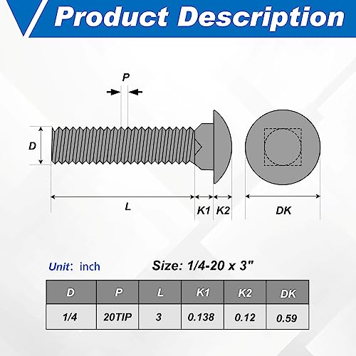 Zonon 50 Sets 1/4-20 x 3 Carriage Bolts and Nuts Kit,Silver - color: Silver, size: 1/4-20 x 3"