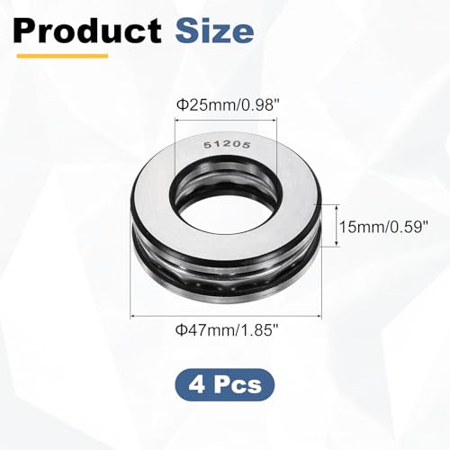 uxcell 4Pcs Thrust Ball Bearings, 25mm Bore 47mm OD 15mm Thick 51205 ABEC5 - size: 51205 25mm x 47mm x 15mm