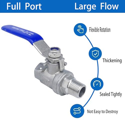 Full Port Ball Valve 3/8" NPT Heavy Duty Stainless Steel 304 Male x Female Thread For Water,Oil and Gas（1000WOG） - size: 3/8"NPT