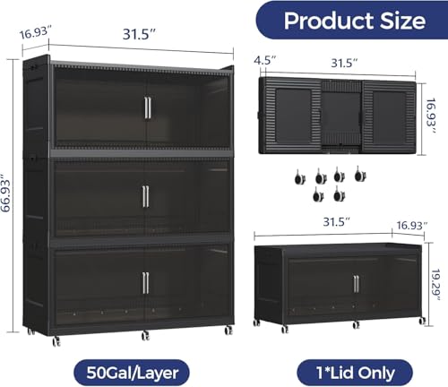 150GAL Extra Large Storage Bins with Lid, 600QT Collapsible Organizer with Wheels, Stackable Closet Cabinet with Doors, Folding Storage Containers for Home, Office, Kitchen, 3Pack Black - color: Black, size: 50Gal-3Pack