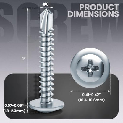 200 PCS #8 x 1 Sheet Metal Screws, Phillips Modified Truss Head Self Drilling Screws, Zinc-Plated, Self Tapping Screws for Metal, Wood, Plastic, Double-Ended Bit Included - color: Zinc, size: #8 x 1"