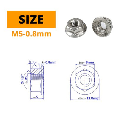 M5-0.8mm (50 Pcs) Serrated Hex Flange Lock Nuts, 304 Stainless Steel Bright Finish Full Thread Hex Drive - size: M5(50PCS)