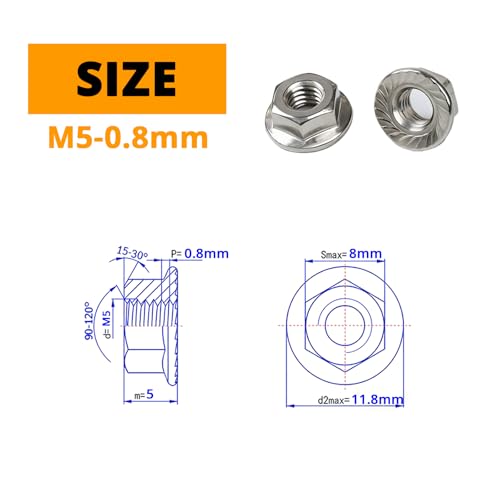 M5-0.8mm (50 Pcs) Serrated Hex Flange Lock Nuts, 304 Stainless Steel Bright Finish Full Thread Hex Drive - size: M5(50PCS)