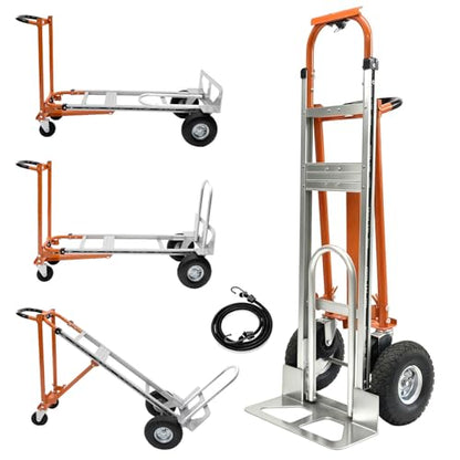 Folding Hand Truck Dolly, 4 in 1 Convertible Aluminum Cart with 1000 lb Static Capacity, 10 in Pneumatic Wheels and 51 in Platform for Warehouse, Construction and Moving - color: Orange