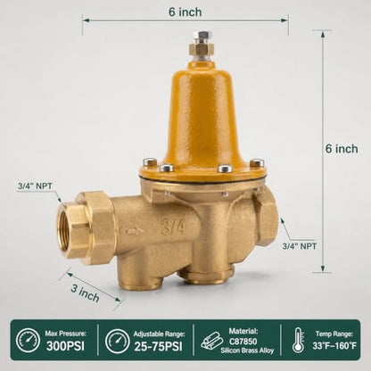 3/4" Pressure Reducing Valve LF25AUB‑Z3, Integrated Cast Copper Silicon Alloy for Cold & Hot Water Systems, 33℉‑160℉, 25‑75 psi, Max 300 psi, NPT Female Union x NPT Female Outlet, 10‑Year Warranty