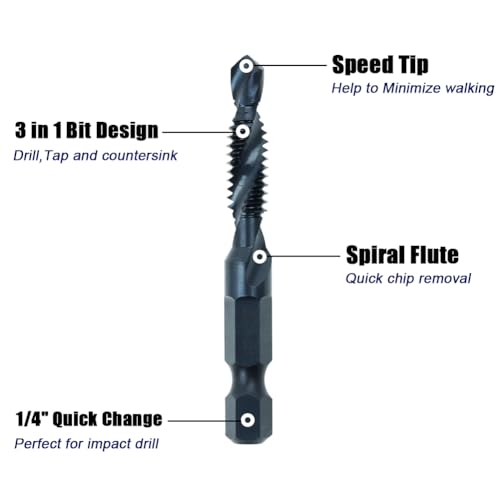 6 Pack Drill Tap Bit Set Black Nitride Coated SAE 6-32 to 1/4-20 NC Combo