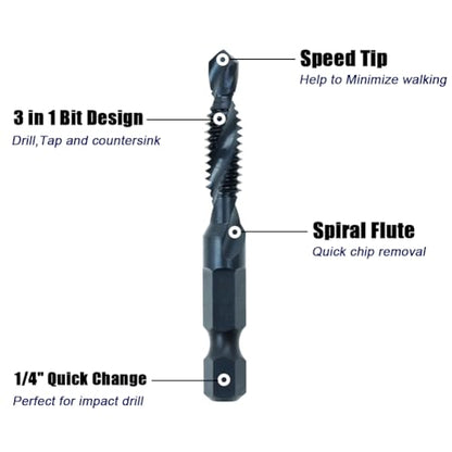 6 Pack Drill Tap Bit Set Black Nitride Coated SAE 6-32 to 1/4-20 NC Combo
