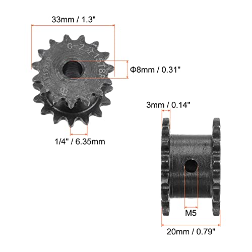 uxcell 15 Tooth #25 Chain Roller Sprocket, Double Strand 1/4" Pitch, 8mm Bore Black Oxide C45 Carbon Steel for ISO 04C Chains - size: 15 Tooth