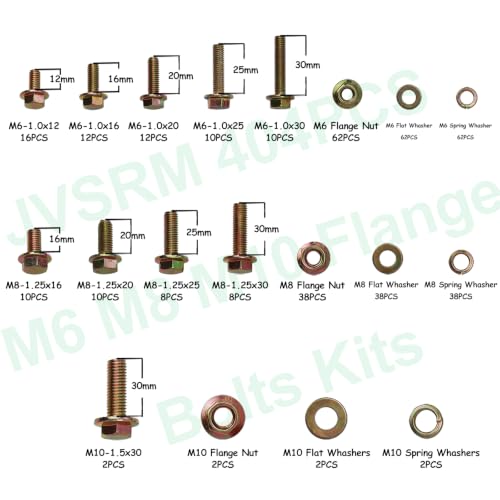 404Pcs Class 10.9 Metric Flange Bolts Kit - M6 M8 M10 (12-30mm) - size: M6 x 1, M8 x 1.25, M10 x 1.5
