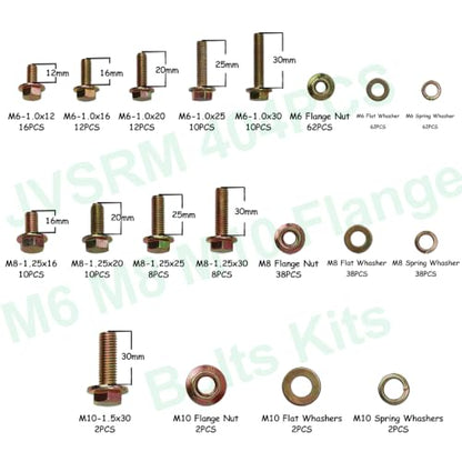 404Pcs Class 10.9 Metric Flange Bolts Kit - M6 M8 M10 (12-30mm) - size: M6 x 1, M8 x 1.25, M10 x 1.5