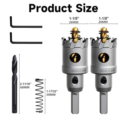 Metal Hole Saw 1-1/8"(28mm) 2Pcs Set Heavy Duty Tungsten Carbide Tipped Hole Cutters Set with a nitrided Step Drill and L-flench, for Steel Iron,Aluminum,Stainless stell,Plastic - size: 1-1/8"(28mm)-2PCS